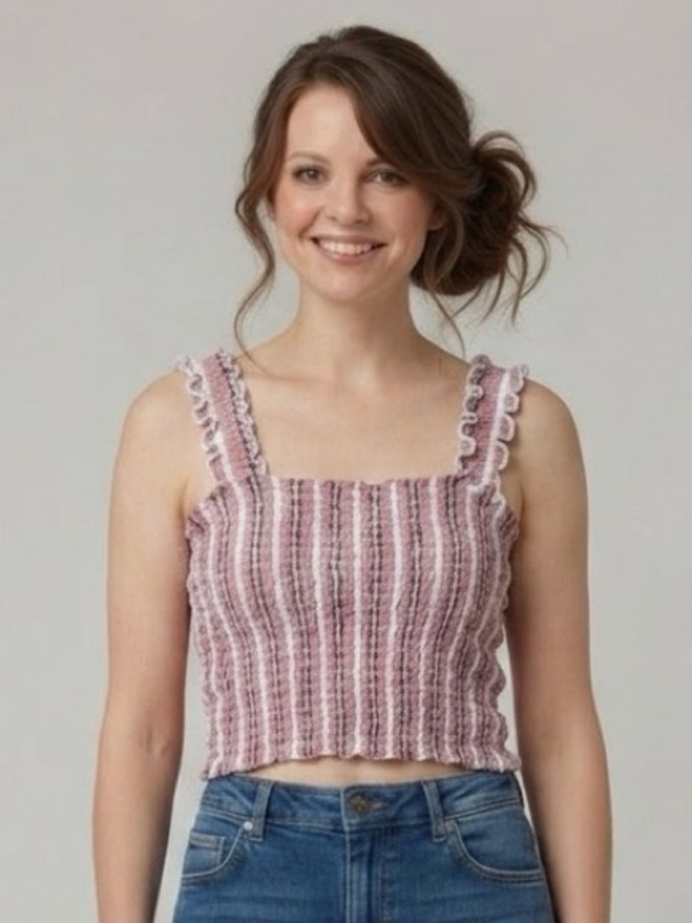 Hollister Pink and White Striped Smocked Ruffle Crop Top